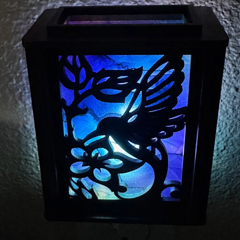 Hummingbird Lantern Night Light Wood Laser Cut Blue Light Plug In‎ Handmade